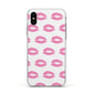 Valentines Pink Kisses Lips Apple iPhone Xs Impact Case White Edge on Silver Phone