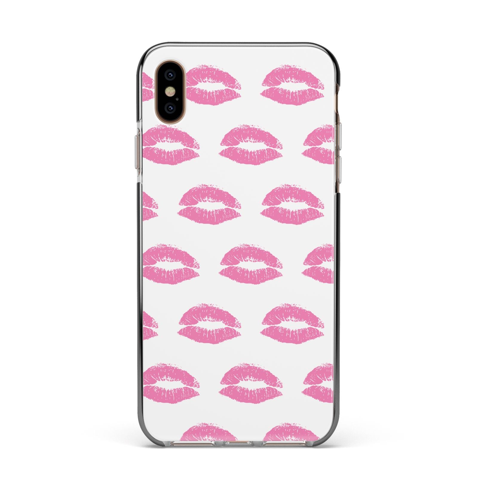Valentines Pink Kisses Lips Apple iPhone Xs Max Impact Case Black Edge on Gold Phone
