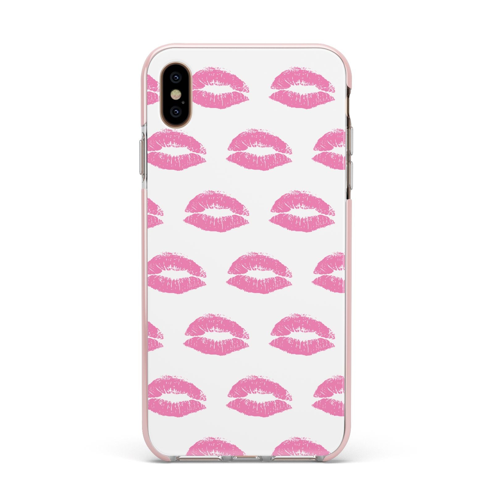 Valentines Pink Kisses Lips Apple iPhone Xs Max Impact Case Pink Edge on Gold Phone