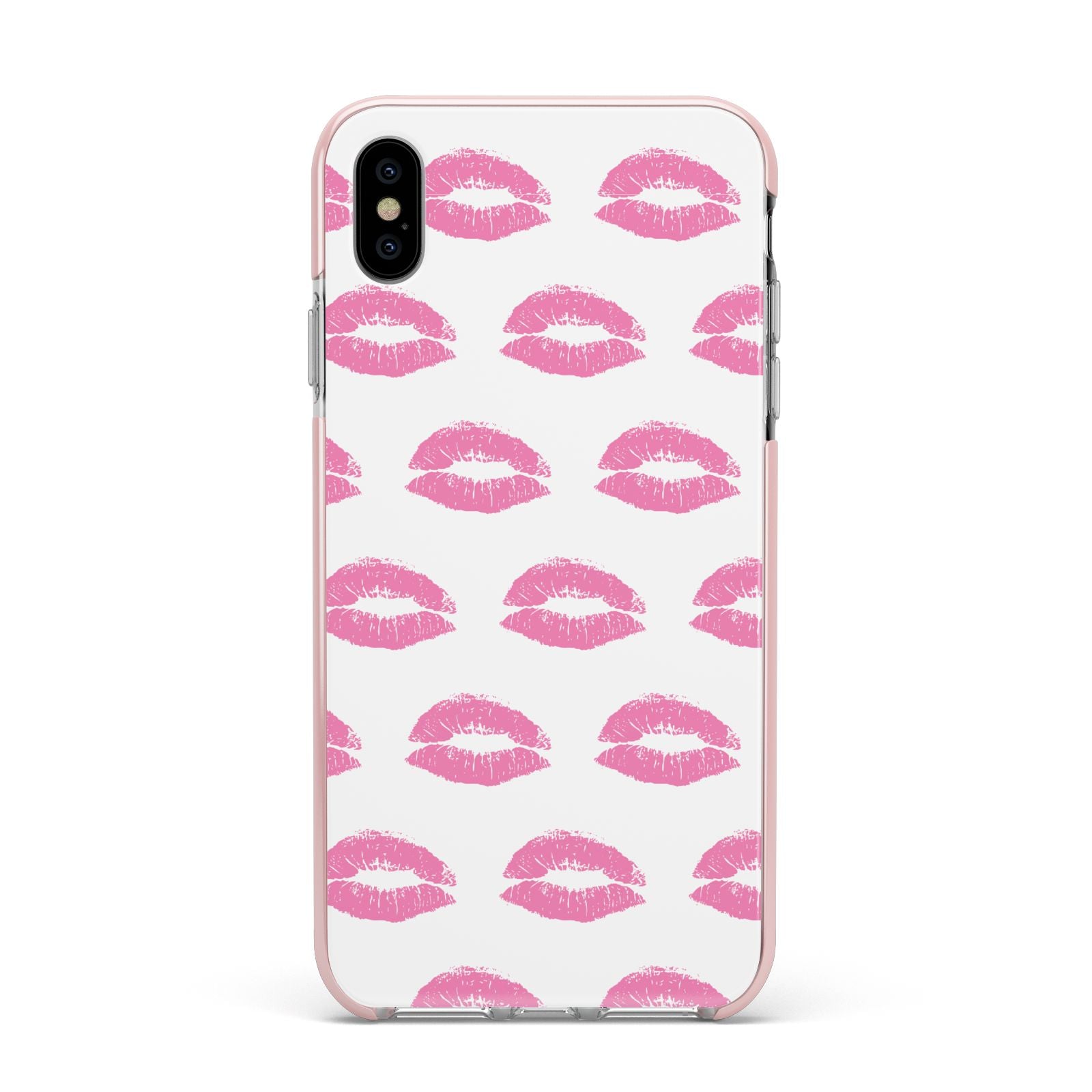 Valentines Pink Kisses Lips Apple iPhone Xs Max Impact Case Pink Edge on Silver Phone