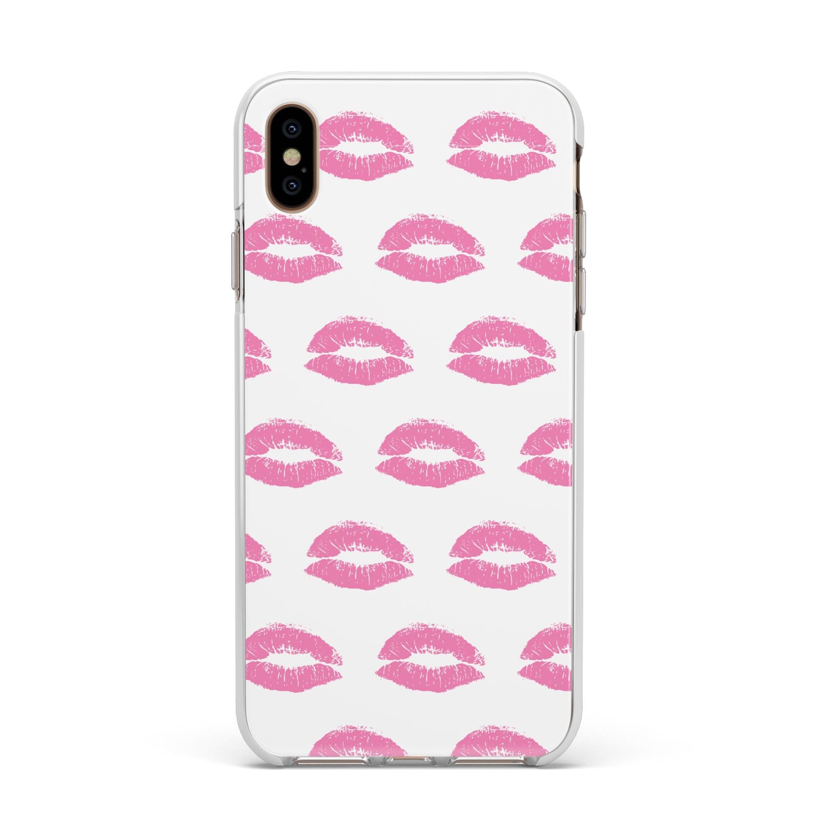 Valentines Pink Kisses Lips Apple iPhone Xs Max Impact Case White Edge on Gold Phone
