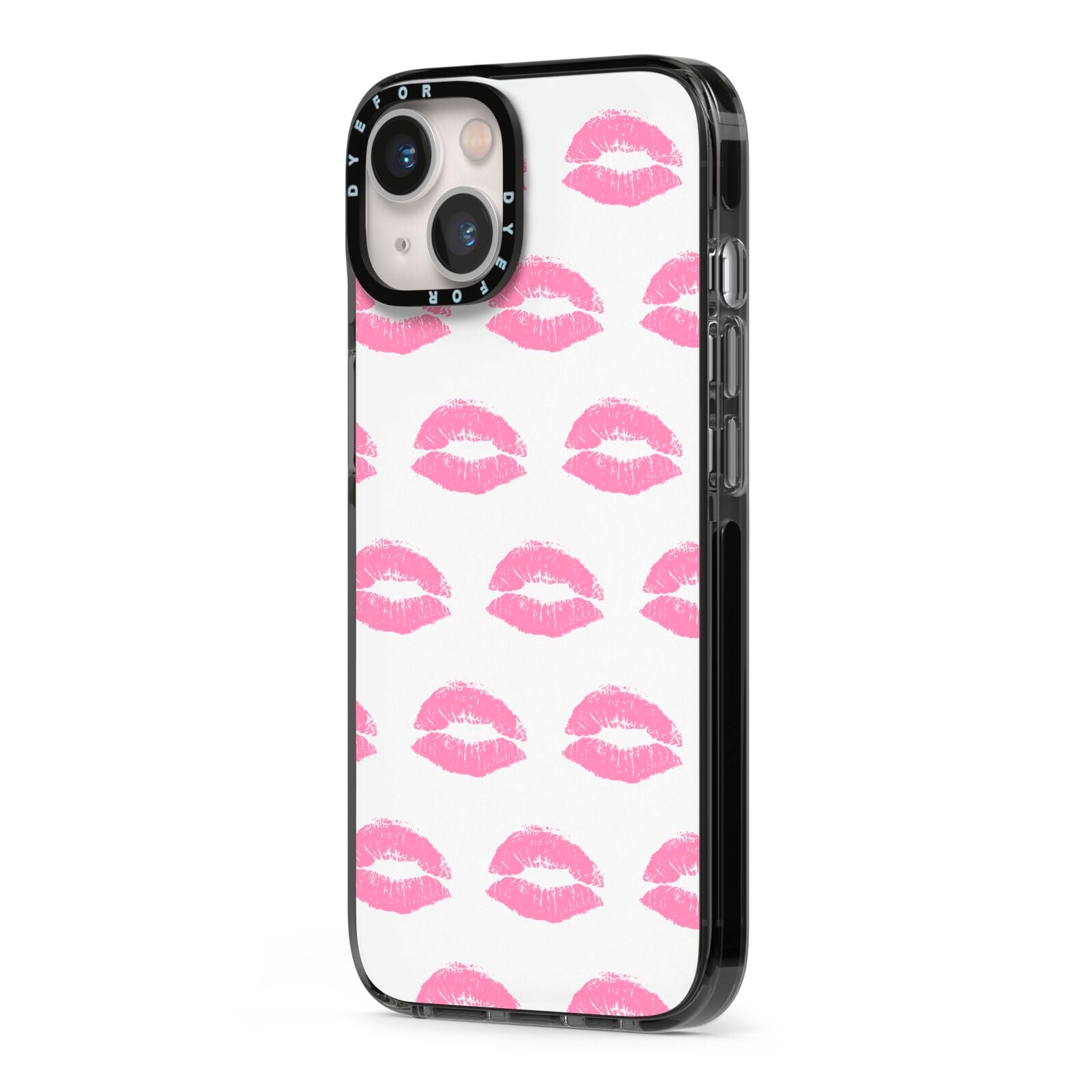 Valentines Pink Kisses Lips iPhone 13 Black Impact Case Side Angle on Silver phone