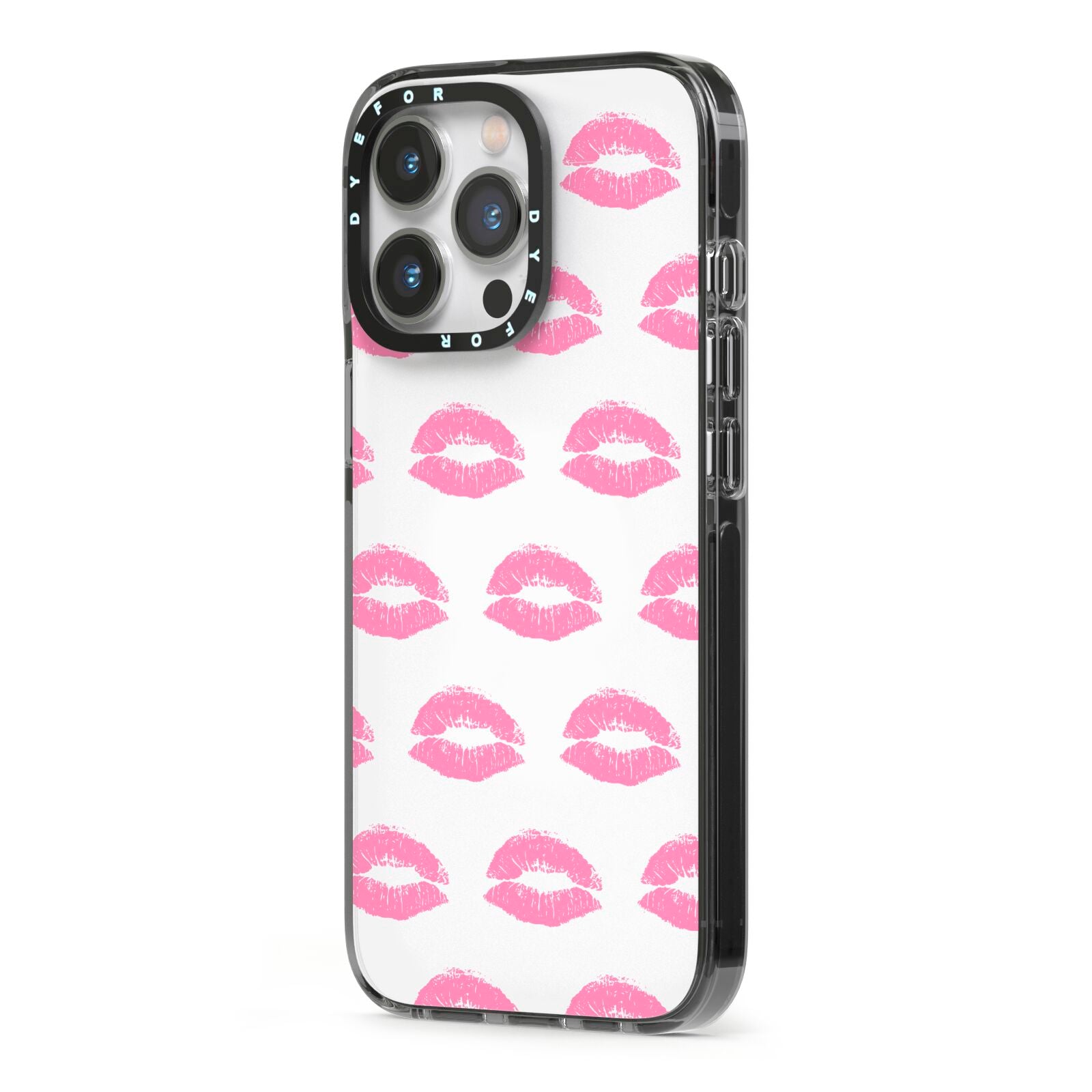 Valentines Pink Kisses Lips iPhone 13 Pro Black Impact Case Side Angle on Silver phone