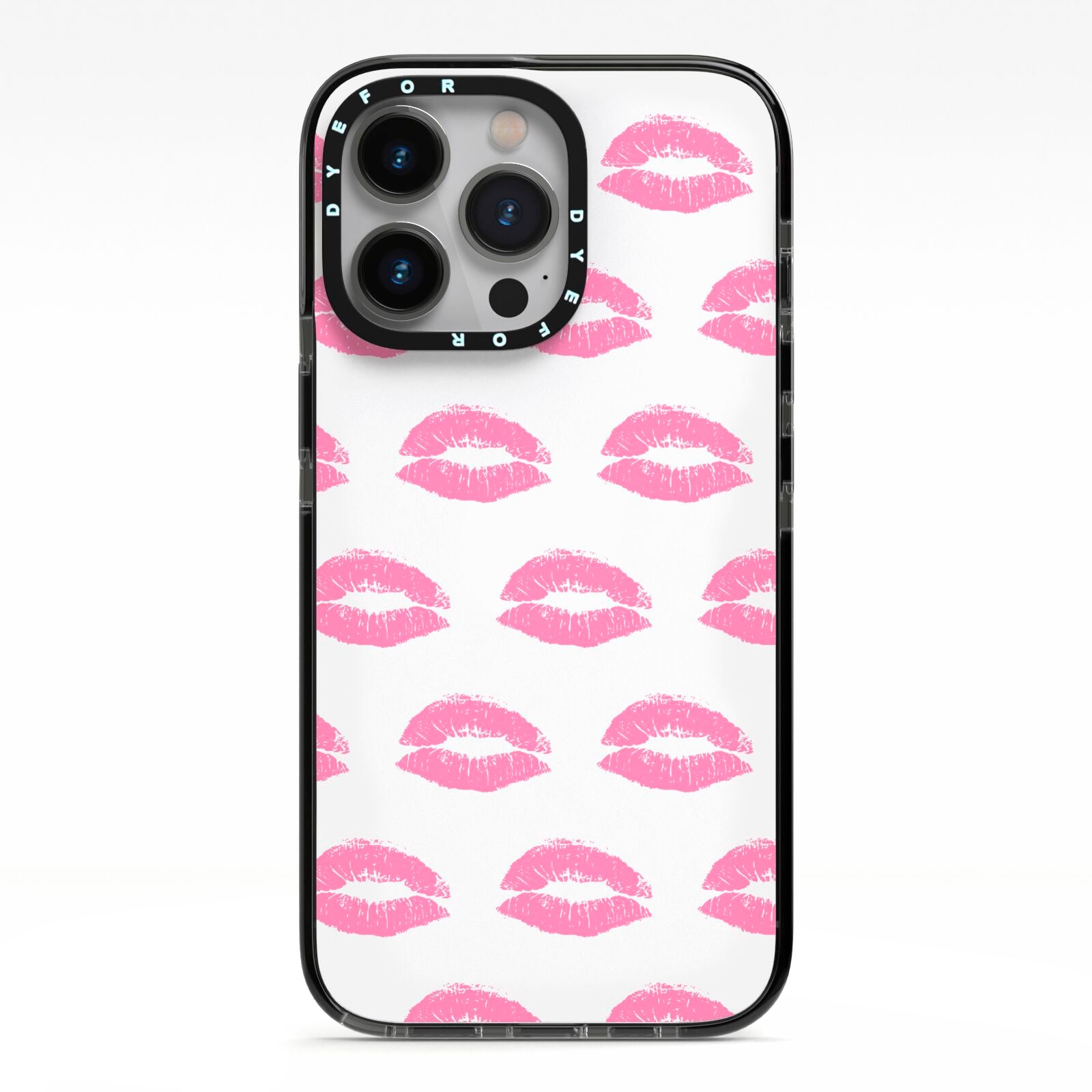 Valentines Pink Kisses Lips iPhone 13 Pro Black Impact Case on Silver phone