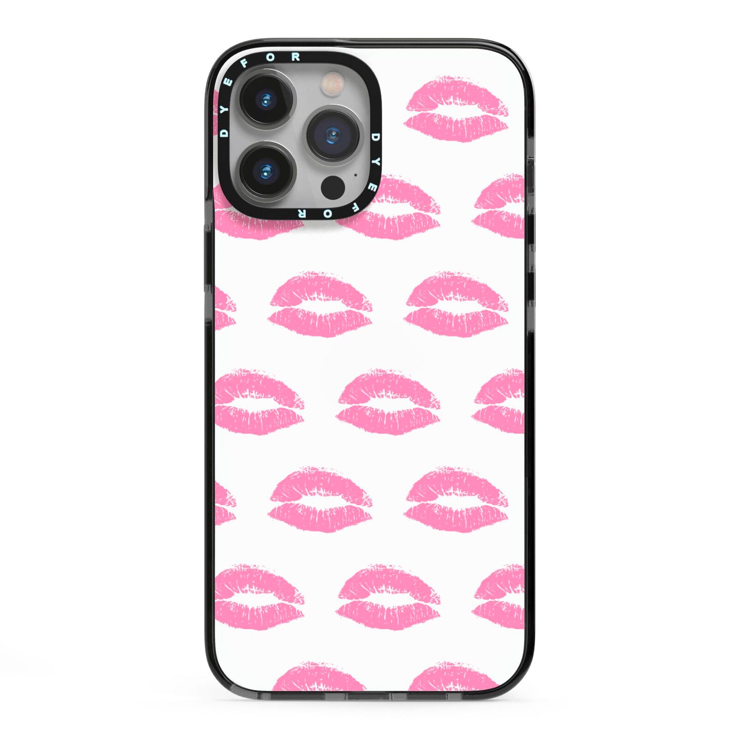 Valentines Pink Kisses Lips iPhone 13 Pro Max Black Impact Case on Silver phone