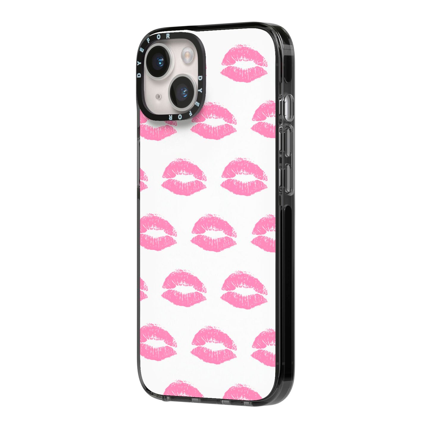 Valentines Pink Kisses Lips iPhone 14 Black Impact Case Side Angle on Silver phone