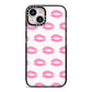 Valentines Pink Kisses Lips iPhone 14 Black Impact Case on Silver phone