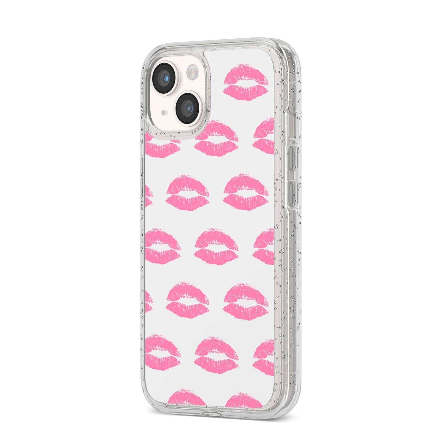 Valentines Pink Kisses Lips iPhone 14 Glitter Tough Case Starlight Angled Image