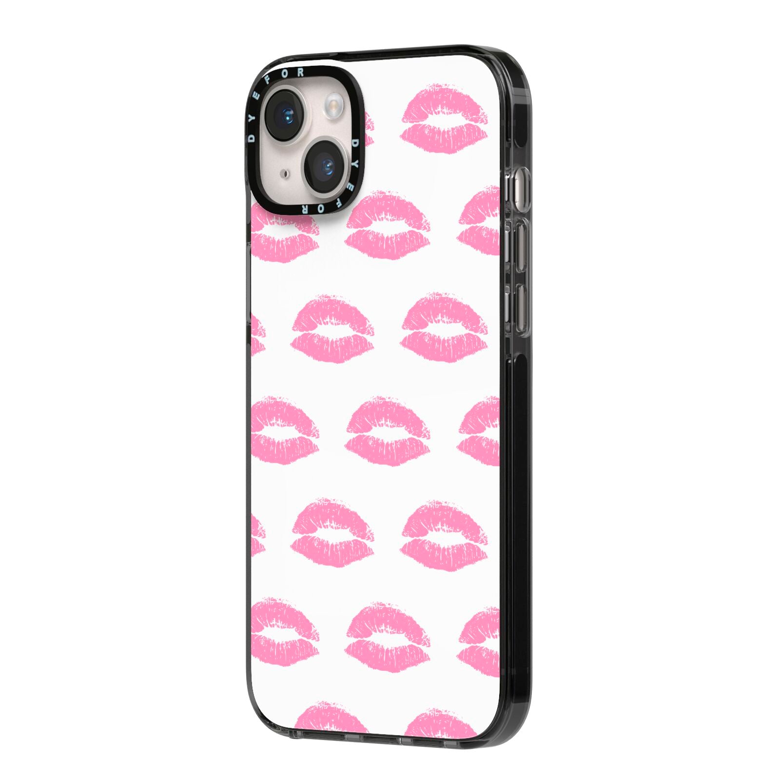 Valentines Pink Kisses Lips iPhone 14 Plus Black Impact Case Side Angle on Silver phone