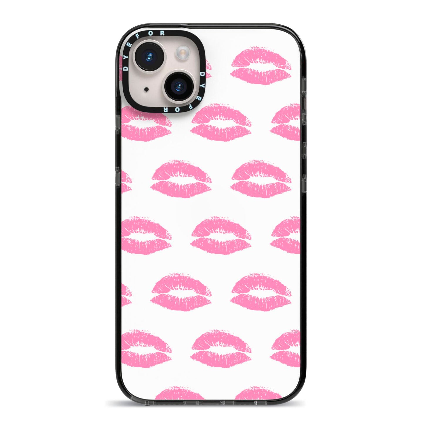 Valentines Pink Kisses Lips iPhone 14 Plus Black Impact Case on Silver phone