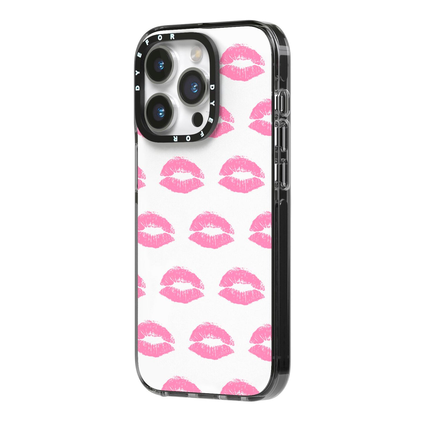 Valentines Pink Kisses Lips iPhone 14 Pro Black Impact Case Side Angle on Silver phone