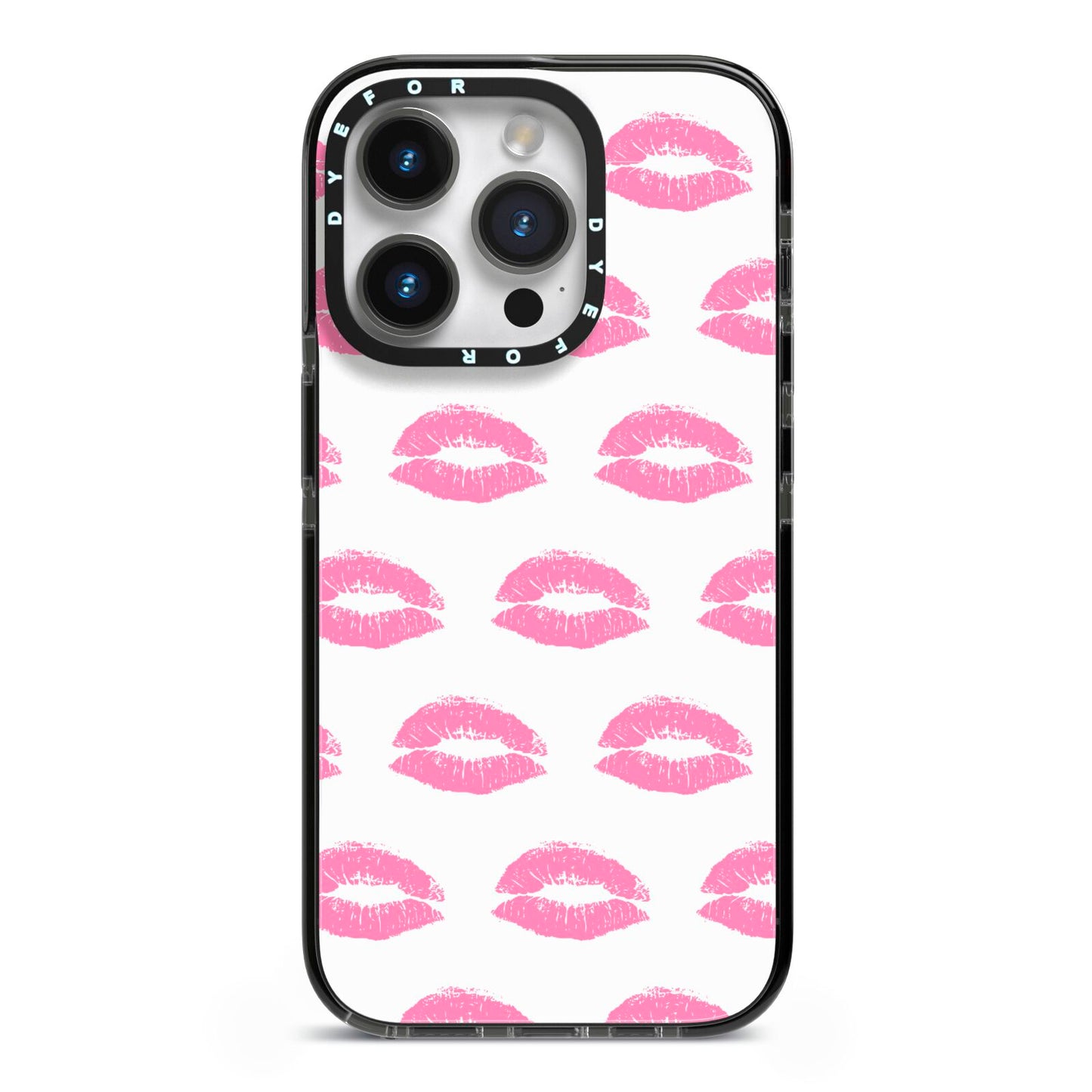 Valentines Pink Kisses Lips iPhone 14 Pro Black Impact Case on Silver phone