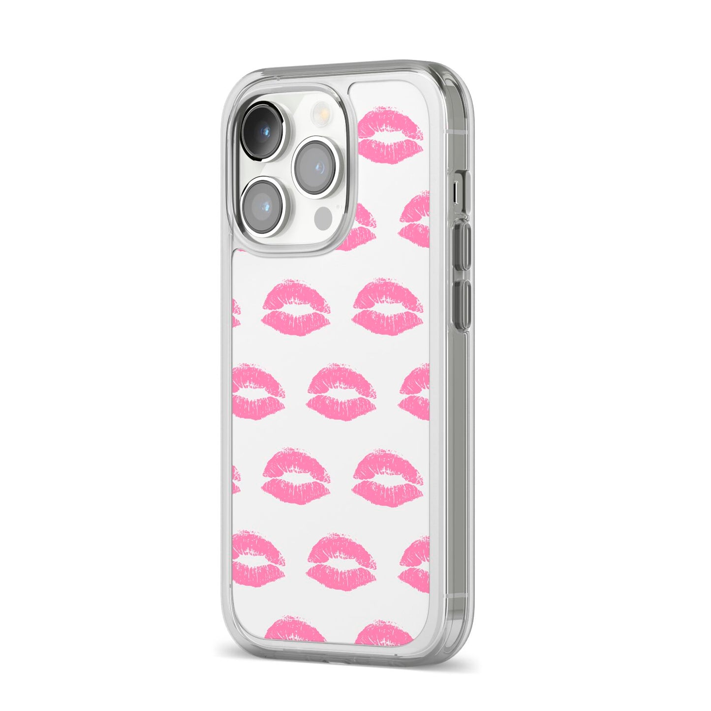 Valentines Pink Kisses Lips iPhone 14 Pro Clear Tough Case Silver Angled Image