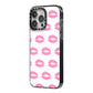Valentines Pink Kisses Lips iPhone 14 Pro Max Black Impact Case Side Angle on Silver phone