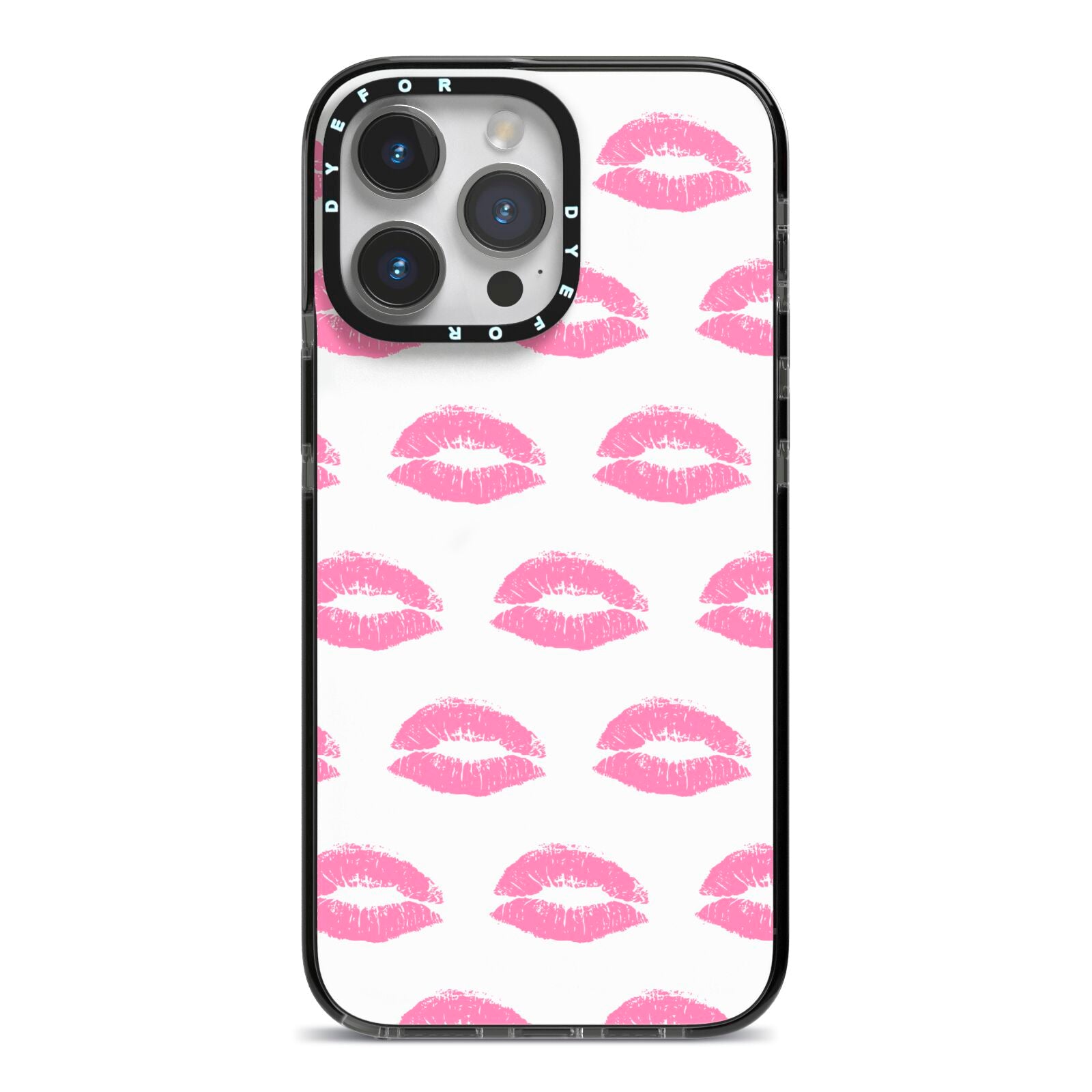 Valentines Pink Kisses Lips iPhone 14 Pro Max Black Impact Case on Silver phone