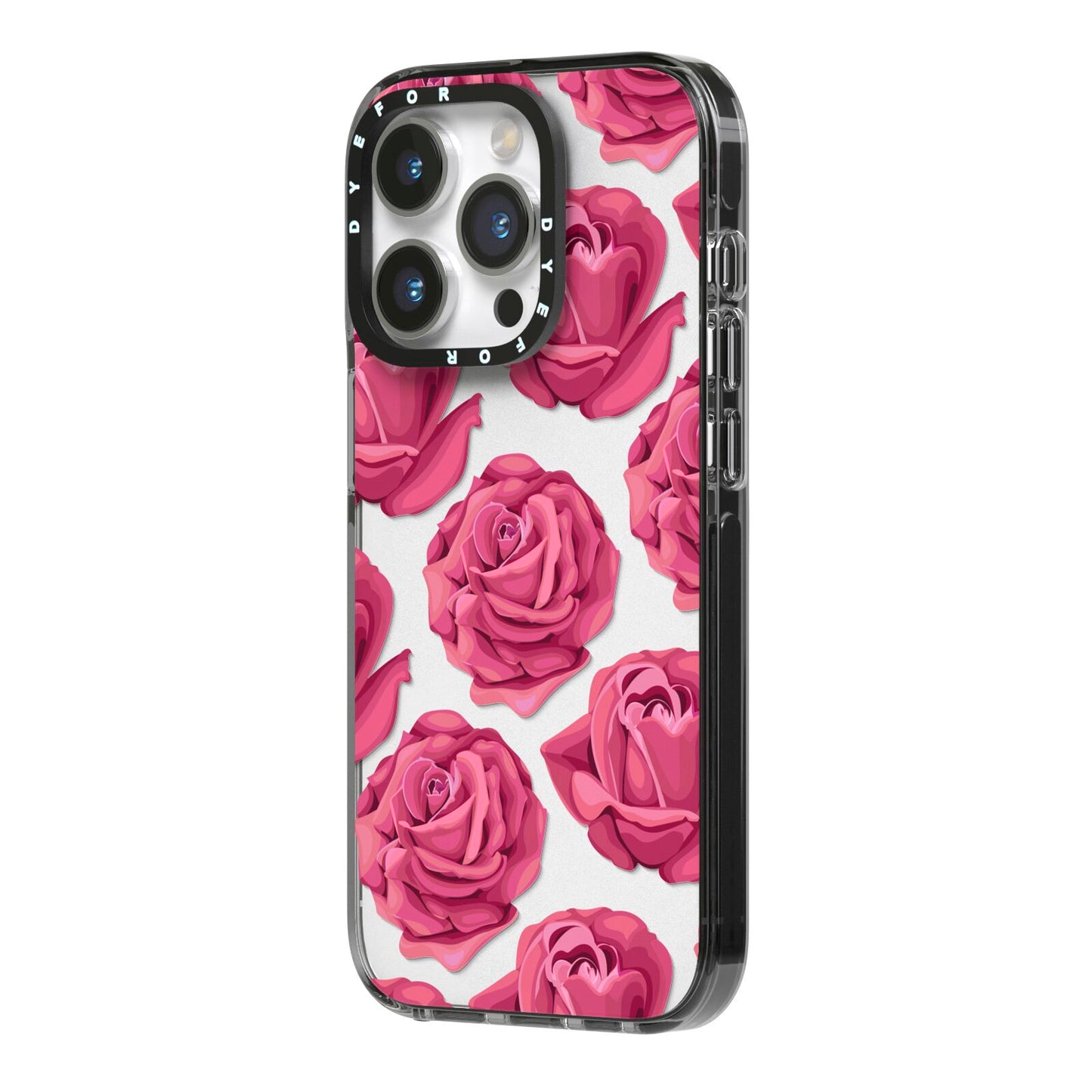 Valentines Roses iPhone 14 Pro Black Impact Case Side Angle on Silver phone