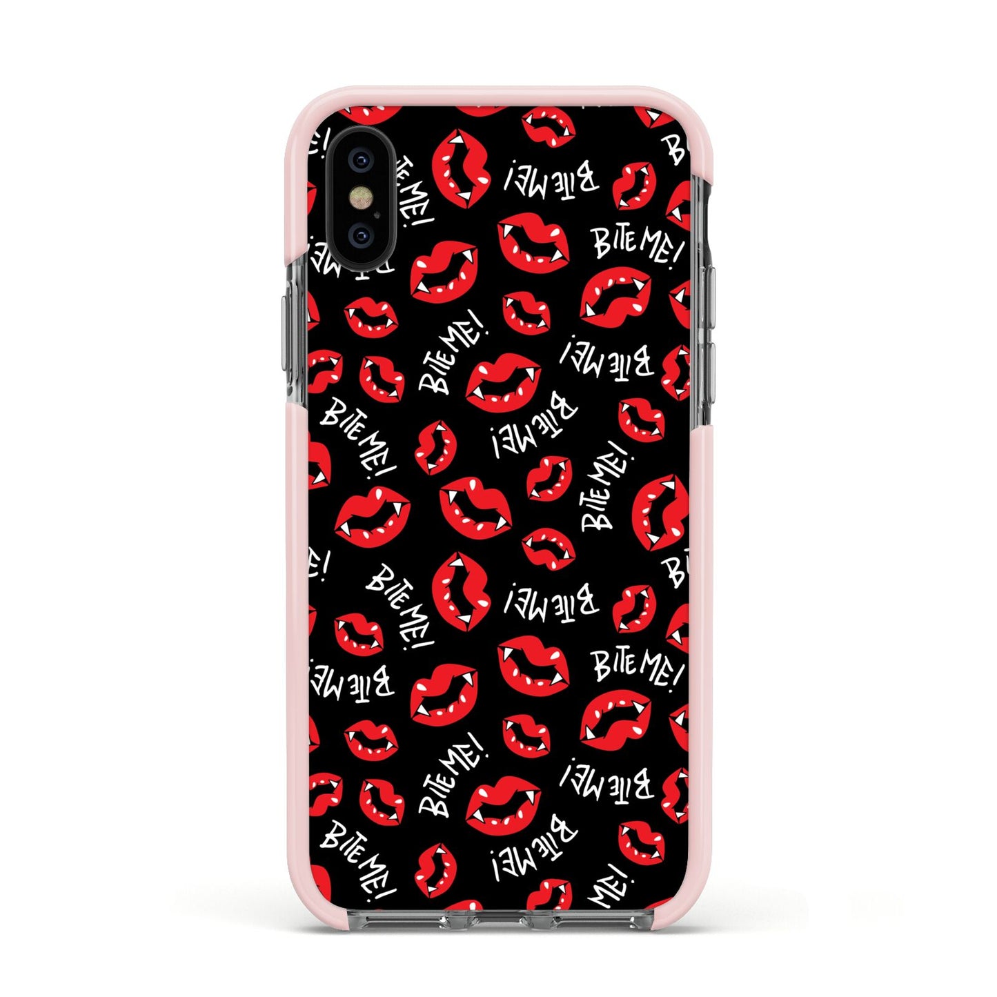 Vampire Bite Me Apple iPhone Xs Impact Case Pink Edge on Black Phone