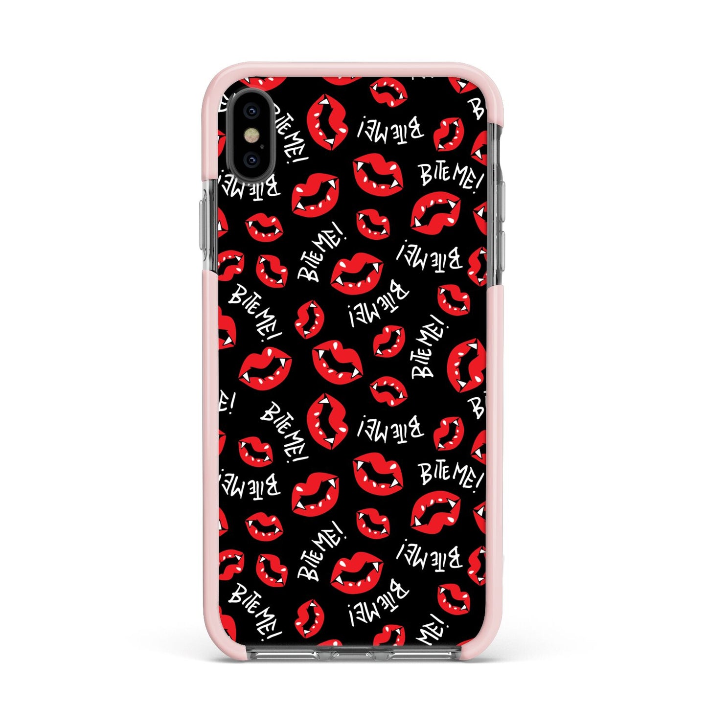 Vampire Bite Me Apple iPhone Xs Max Impact Case Pink Edge on Black Phone