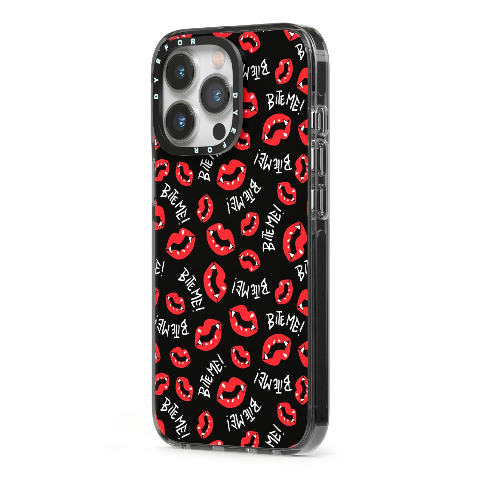 Vampire Bite Me iPhone 13 Pro Black Impact Case Side Angle on Silver phone