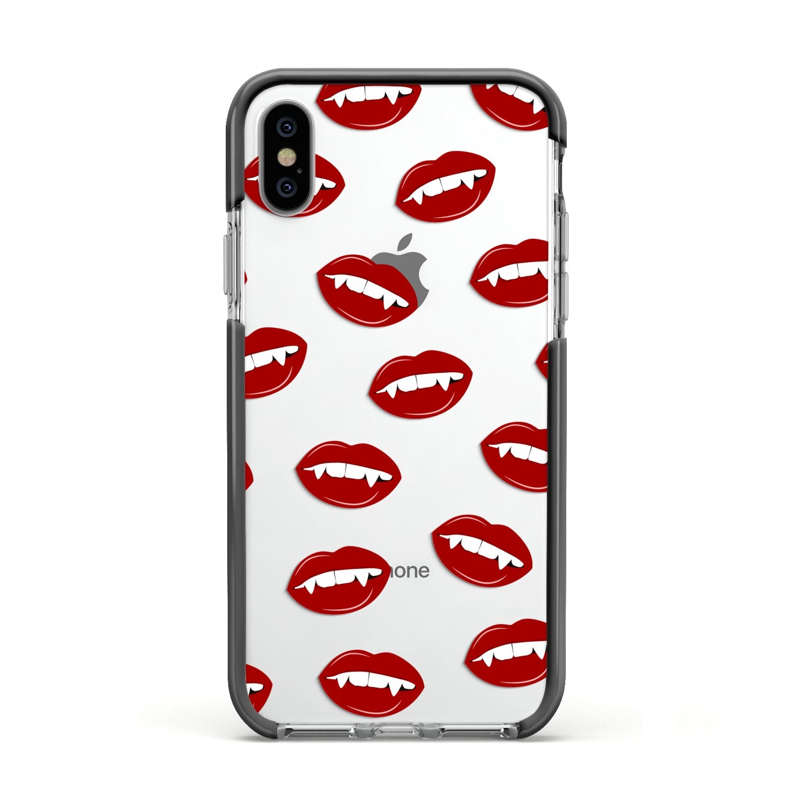Vampire Fangs with Transparent Background Apple iPhone Xs Impact Case Black Edge on Silver Phone