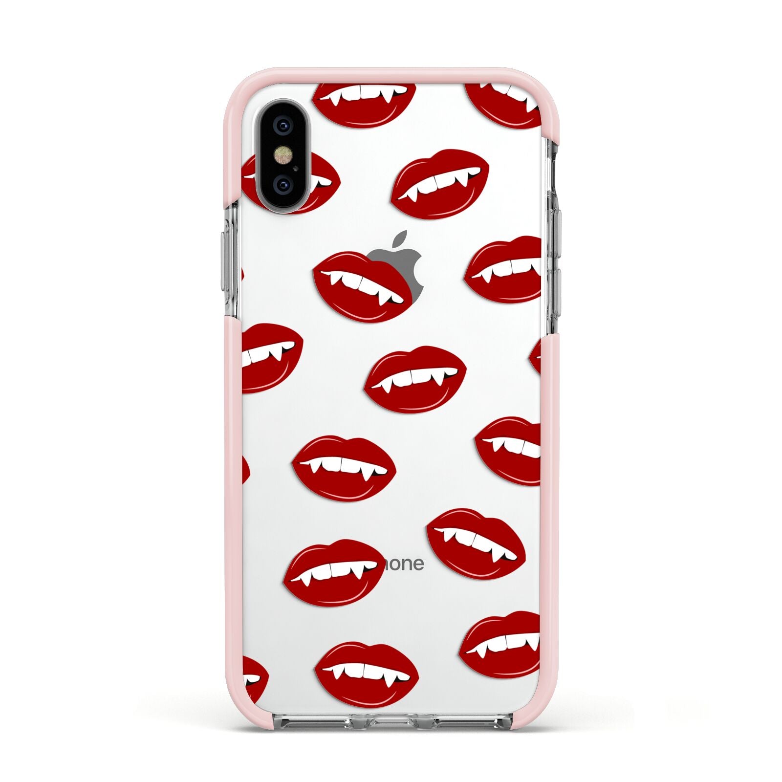 Vampire Fangs with Transparent Background Apple iPhone Xs Impact Case Pink Edge on Silver Phone