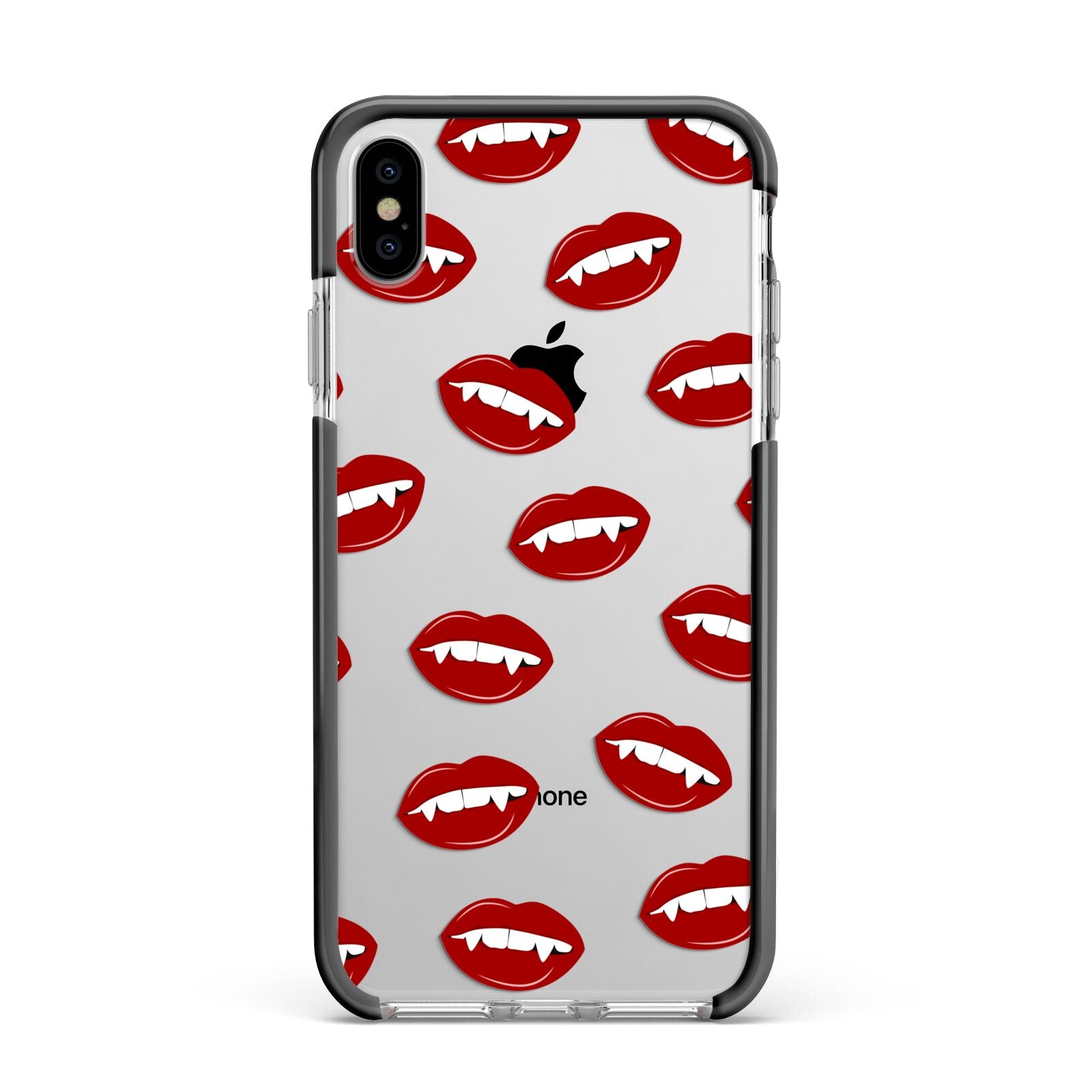 Vampire Fangs with Transparent Background Apple iPhone Xs Max Impact Case Black Edge on Silver Phone