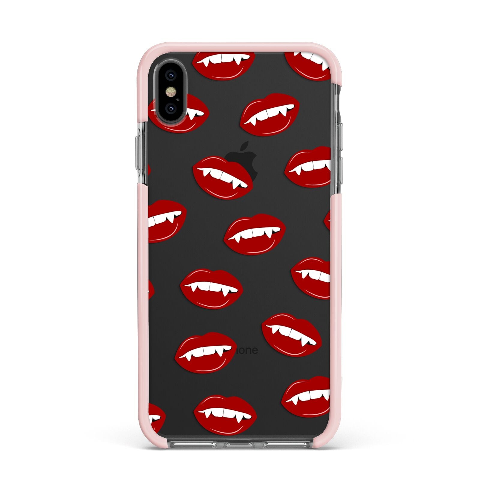 Vampire Fangs with Transparent Background Apple iPhone Xs Max Impact Case Pink Edge on Black Phone