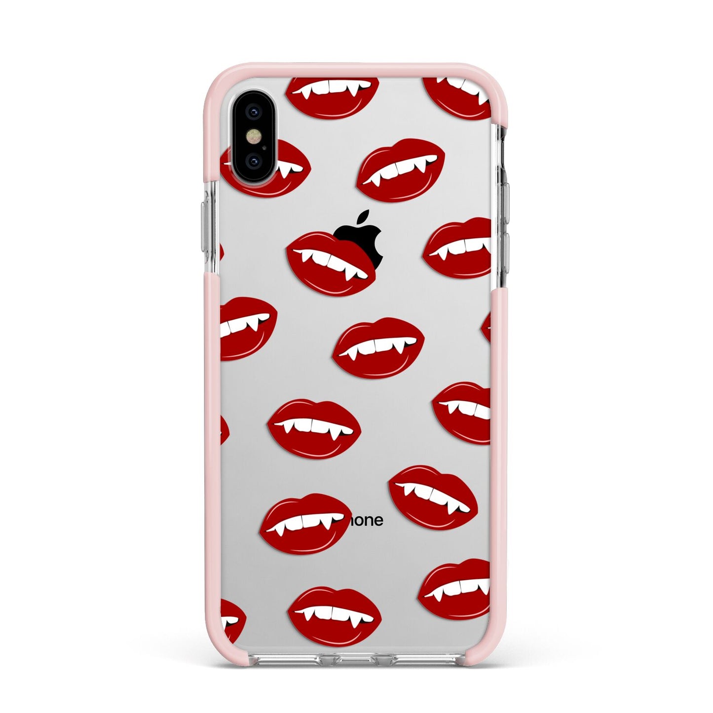 Vampire Fangs with Transparent Background Apple iPhone Xs Max Impact Case Pink Edge on Silver Phone