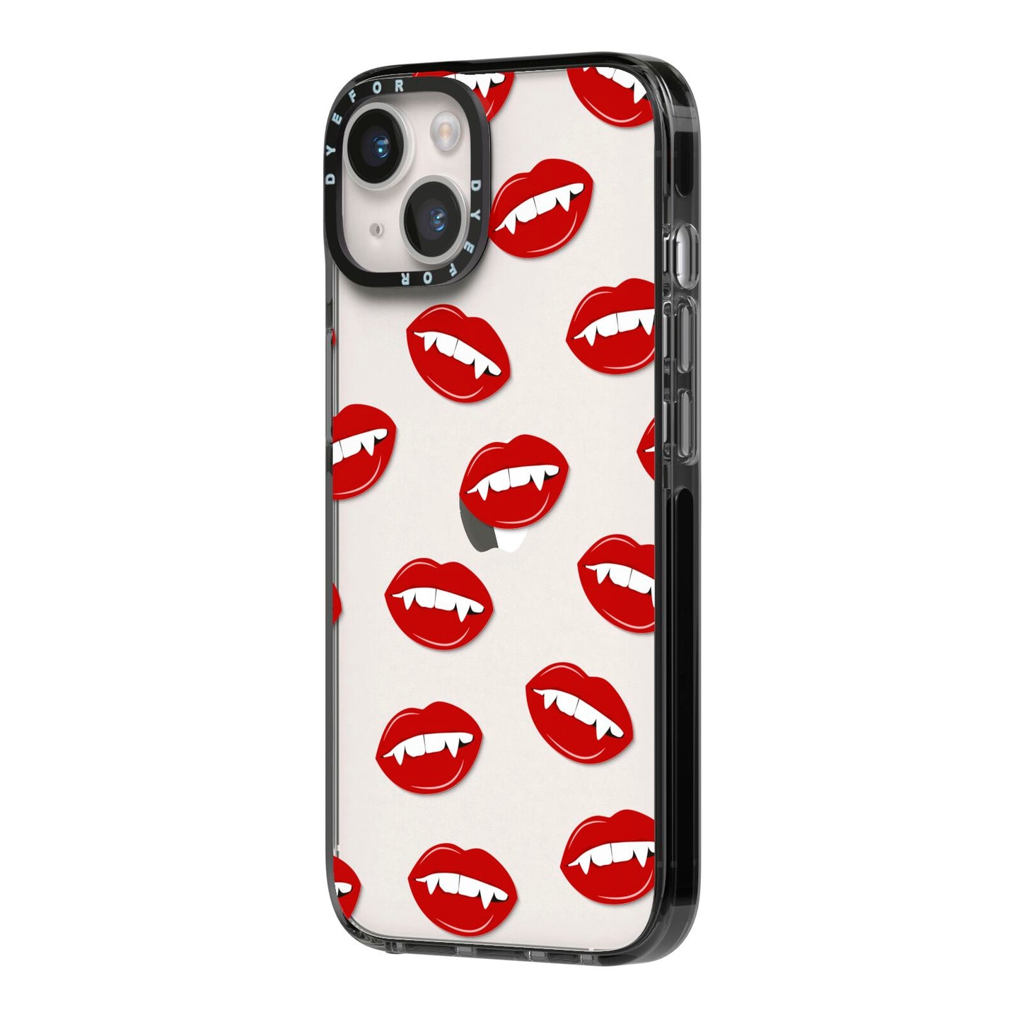 Vampire Fangs with Transparent Background iPhone 14 Black Impact Case Side Angle on Silver phone