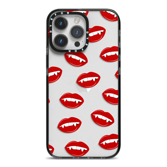 Vampire Fangs with Transparent Background iPhone 14 Pro Max Black Impact Case on Silver phone