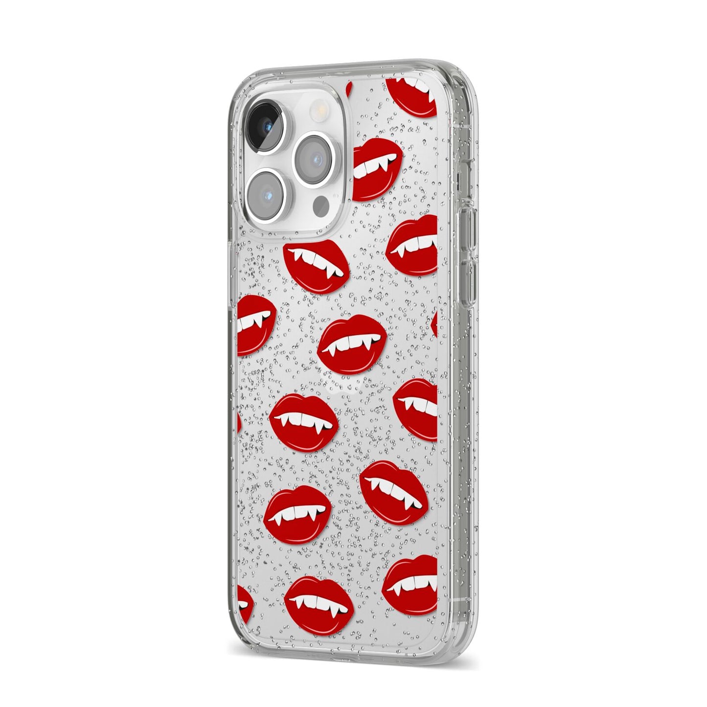 Vampire Fangs with Transparent Background iPhone 14 Pro Max Glitter Tough Case Silver Angled Image