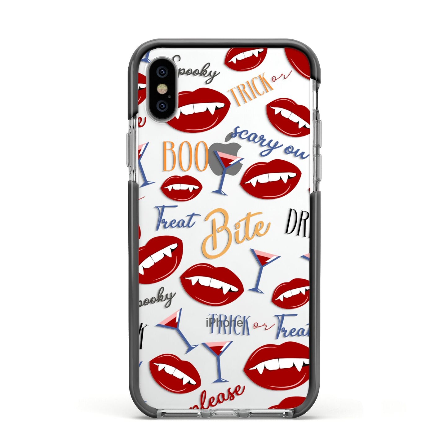Vampire Illustrations and Catchphrases Apple iPhone Xs Impact Case Black Edge on Silver Phone
