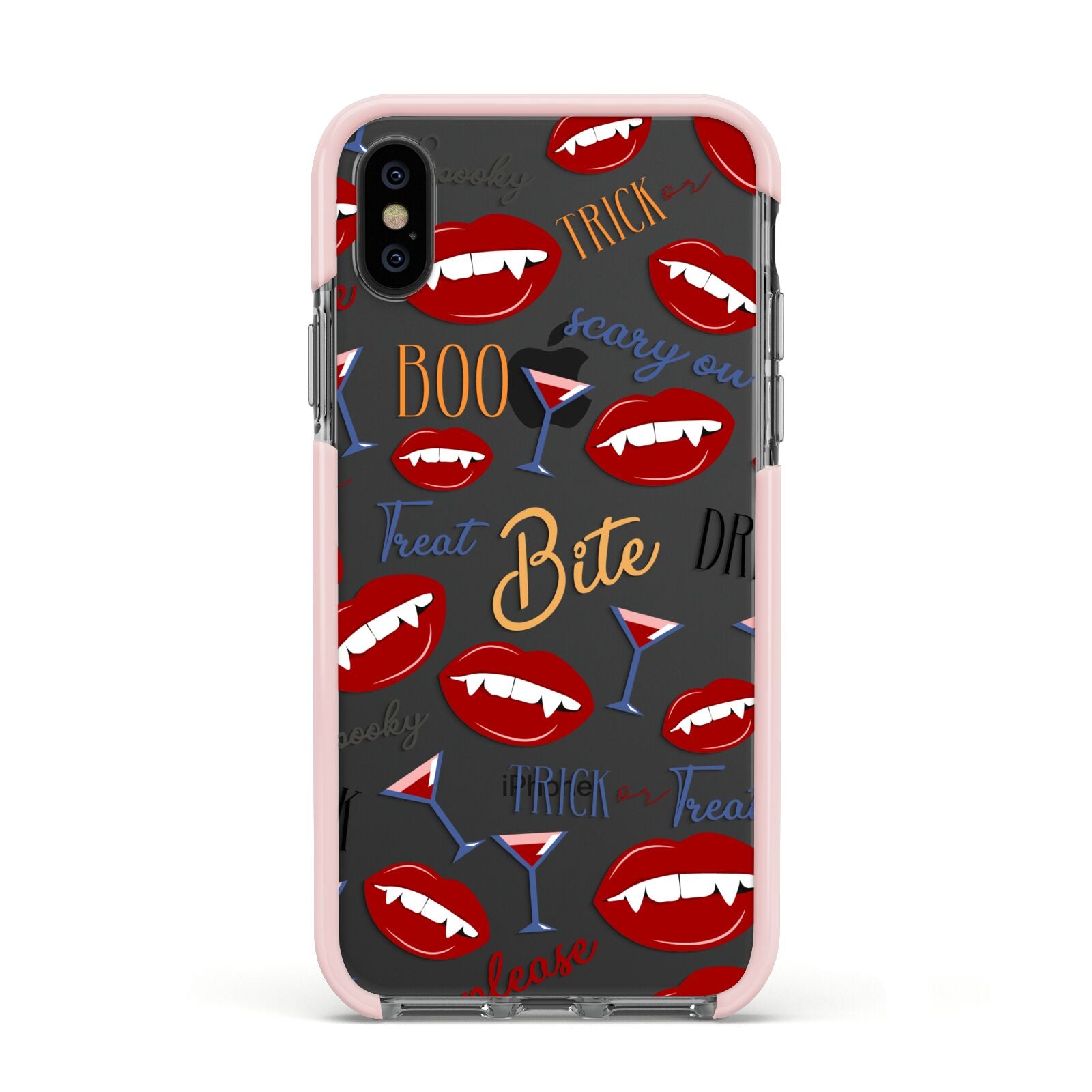 Vampire Illustrations and Catchphrases Apple iPhone Xs Impact Case Pink Edge on Black Phone