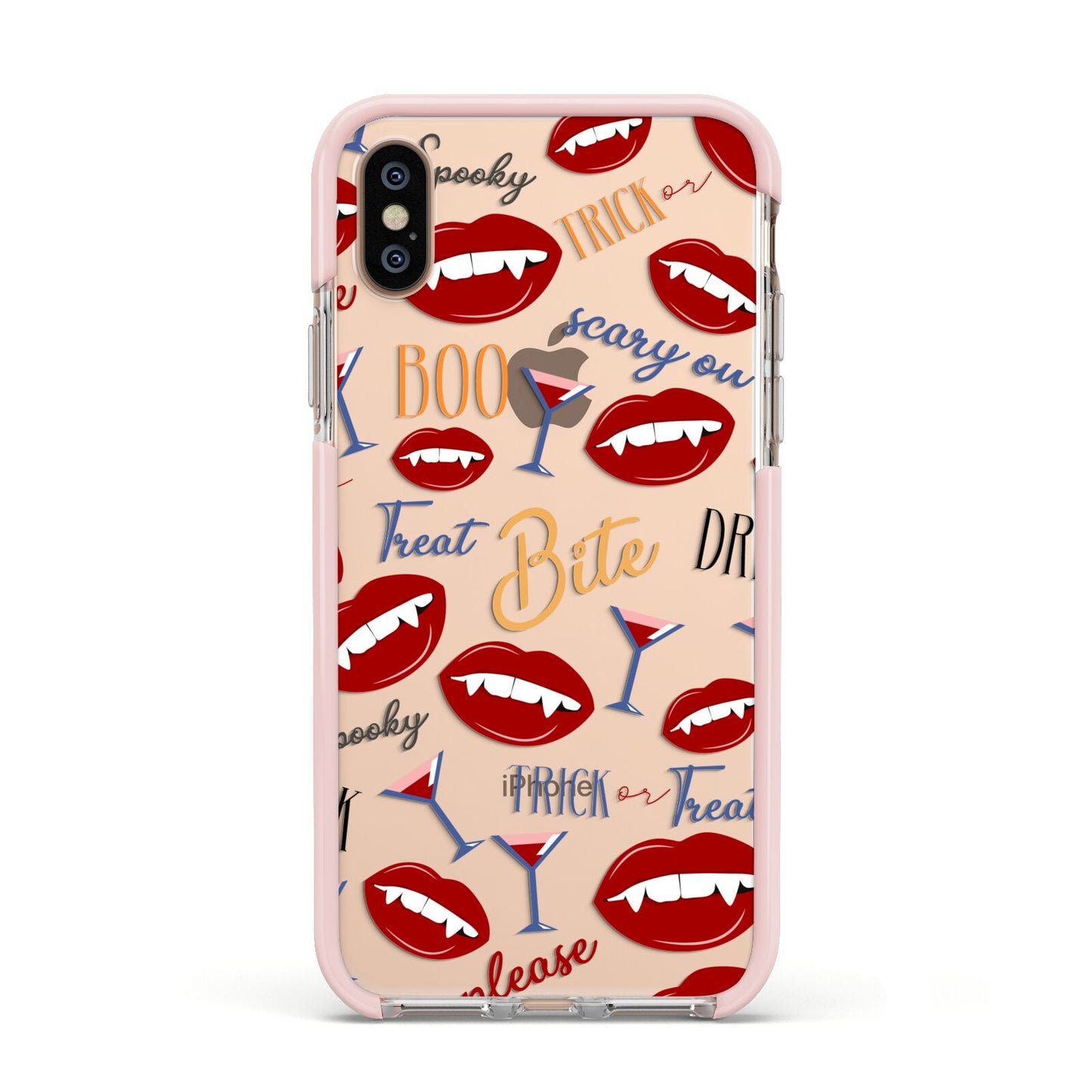 Vampire Illustrations and Catchphrases Apple iPhone Xs Impact Case Pink Edge on Gold Phone