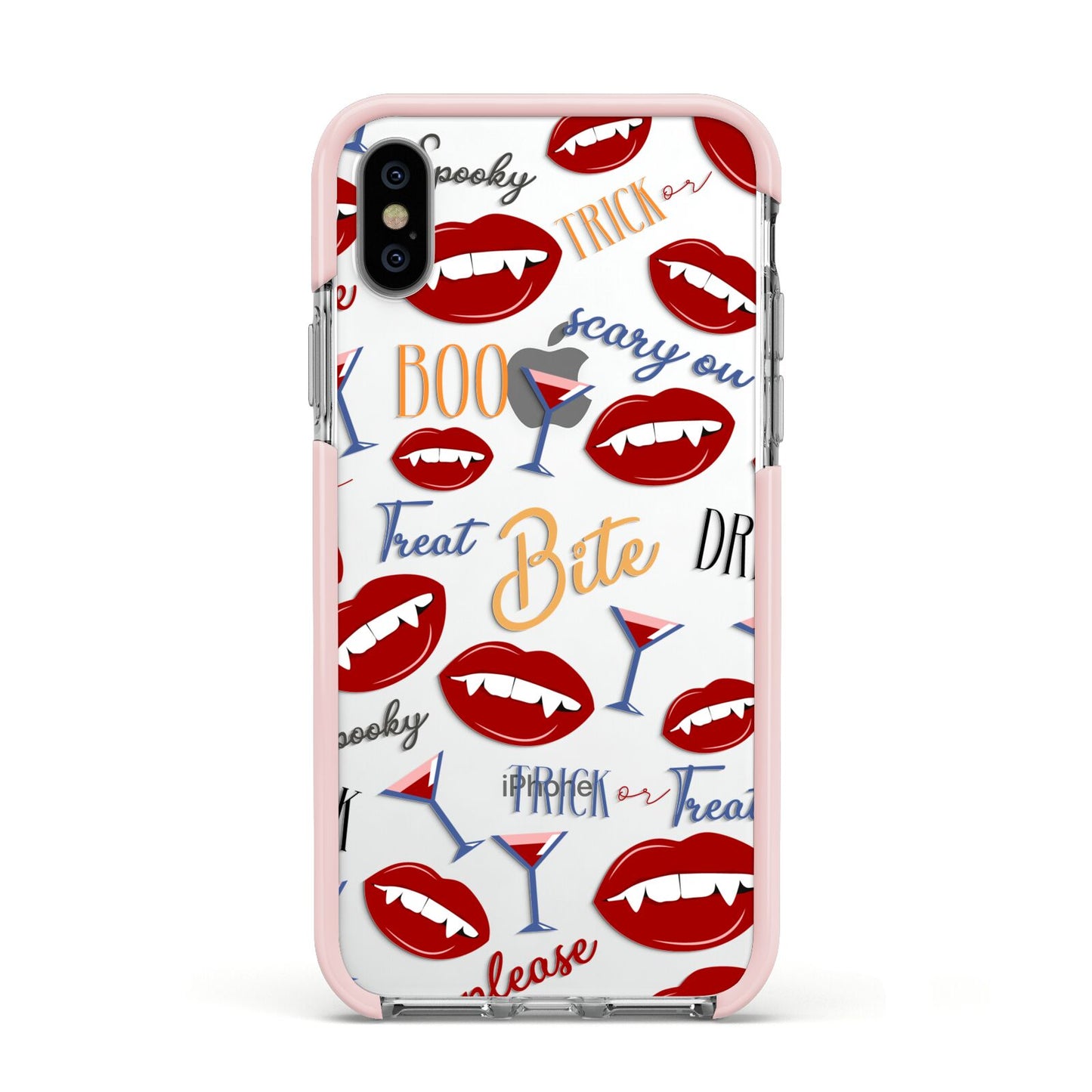 Vampire Illustrations and Catchphrases Apple iPhone Xs Impact Case Pink Edge on Silver Phone