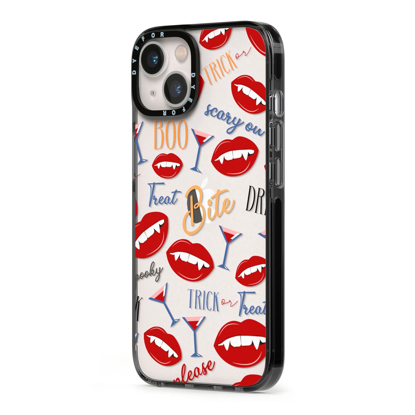 Vampire Illustrations and Catchphrases iPhone 13 Black Impact Case Side Angle on Silver phone