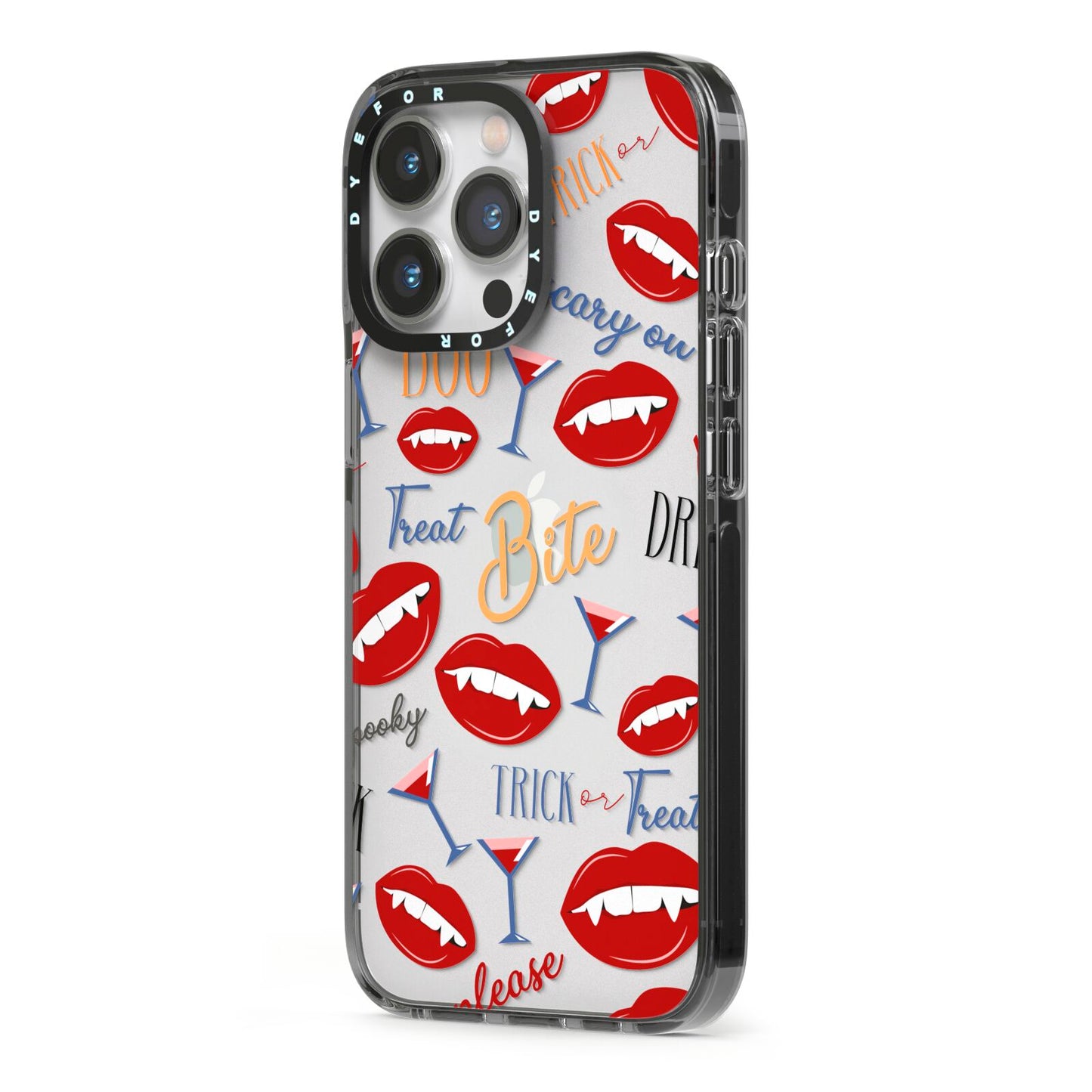 Vampire Illustrations and Catchphrases iPhone 13 Pro Black Impact Case Side Angle on Silver phone