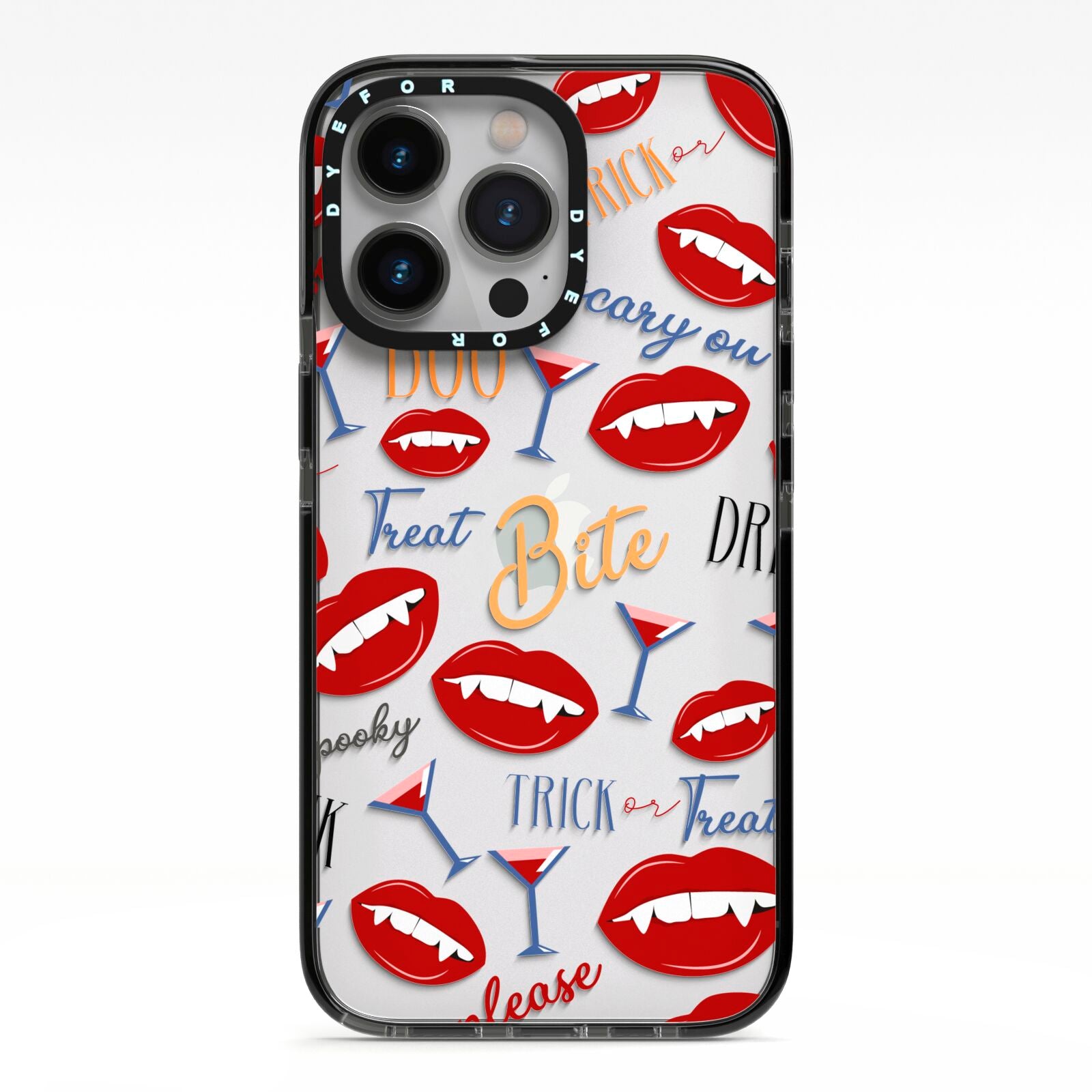 Vampire Illustrations and Catchphrases iPhone 13 Pro Black Impact Case on Silver phone