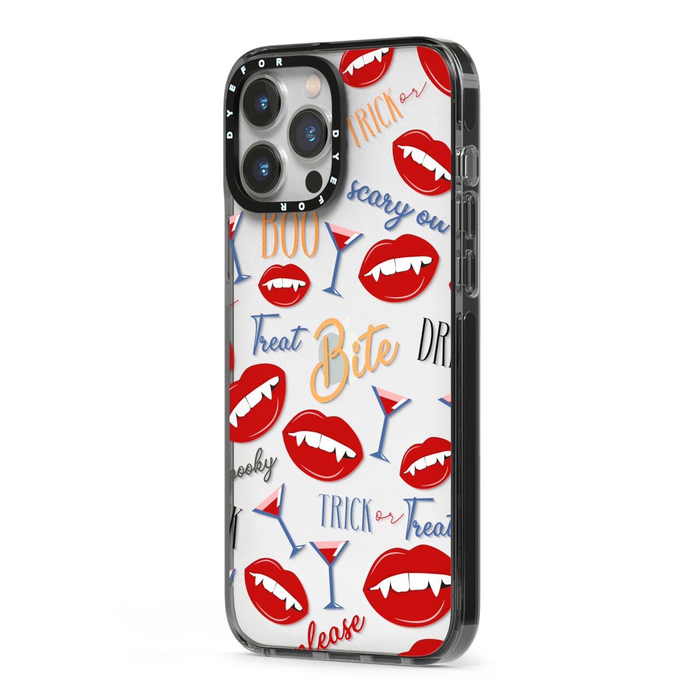 Vampire Illustrations and Catchphrases iPhone 13 Pro Max Black Impact Case Side Angle on Silver phone