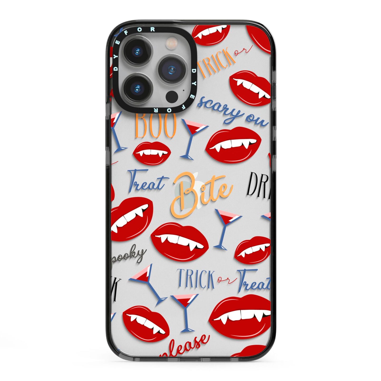 Vampire Illustrations and Catchphrases iPhone 13 Pro Max Black Impact Case on Silver phone
