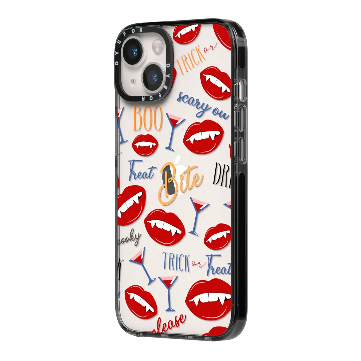 Vampire Illustrations and Catchphrases iPhone 14 Black Impact Case Side Angle on Silver phone