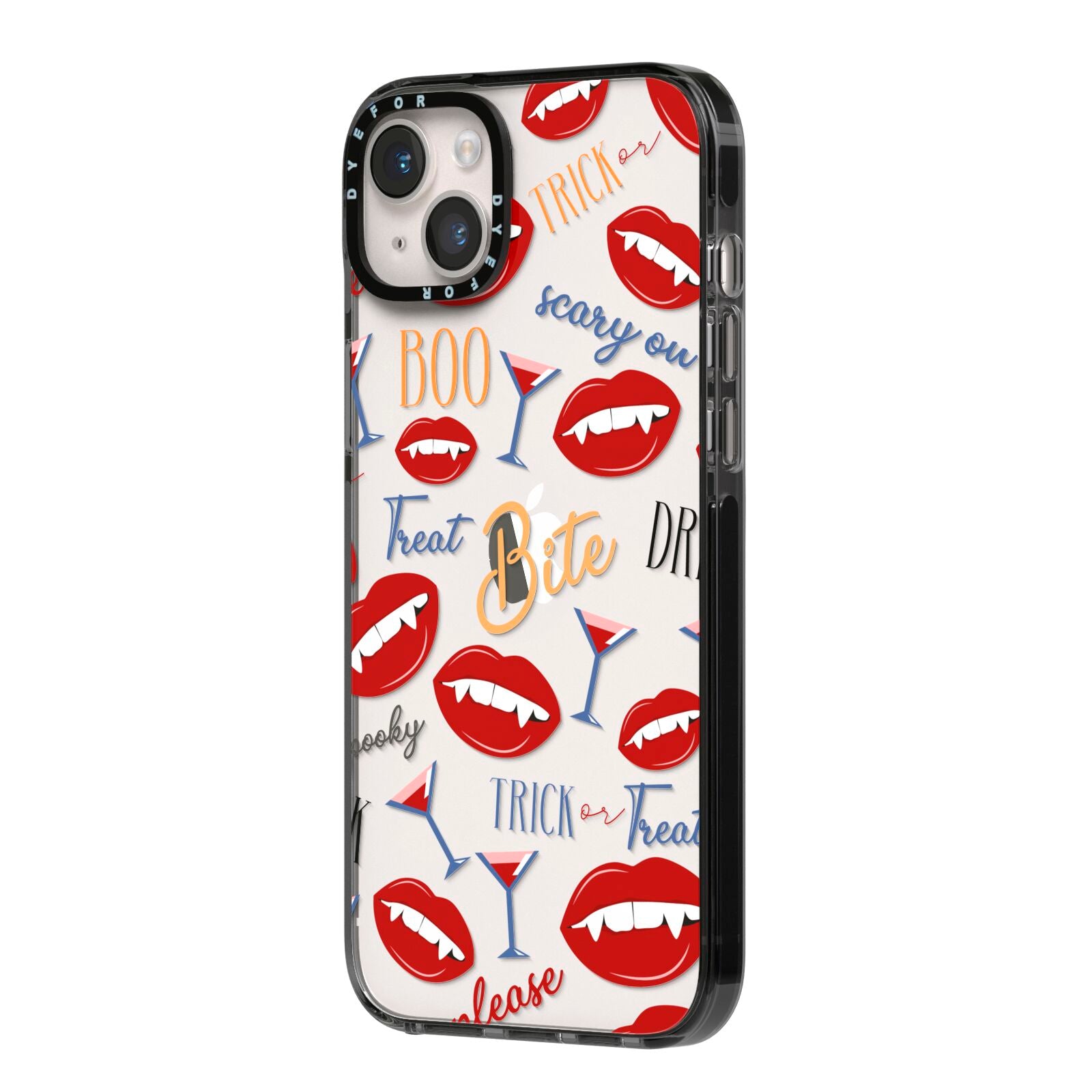 Vampire Illustrations and Catchphrases iPhone 14 Plus Black Impact Case Side Angle on Silver phone
