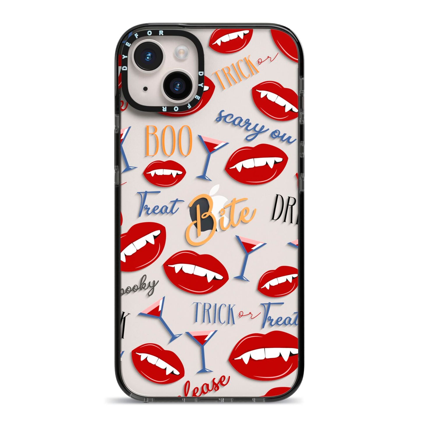 Vampire Illustrations and Catchphrases iPhone 14 Plus Black Impact Case on Silver phone
