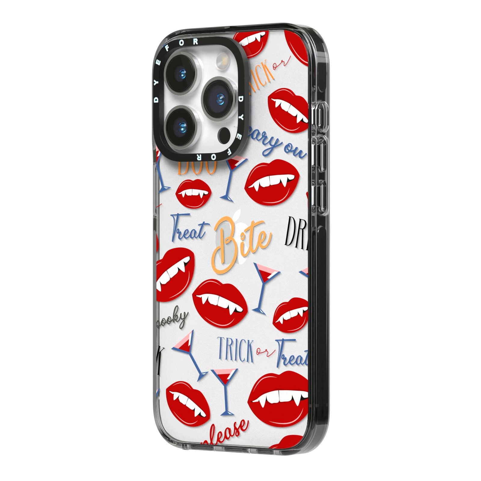 Vampire Illustrations and Catchphrases iPhone 14 Pro Black Impact Case Side Angle on Silver phone