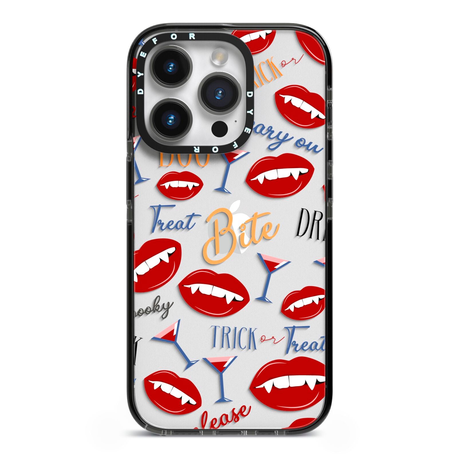 Vampire Illustrations and Catchphrases iPhone 14 Pro Black Impact Case on Silver phone