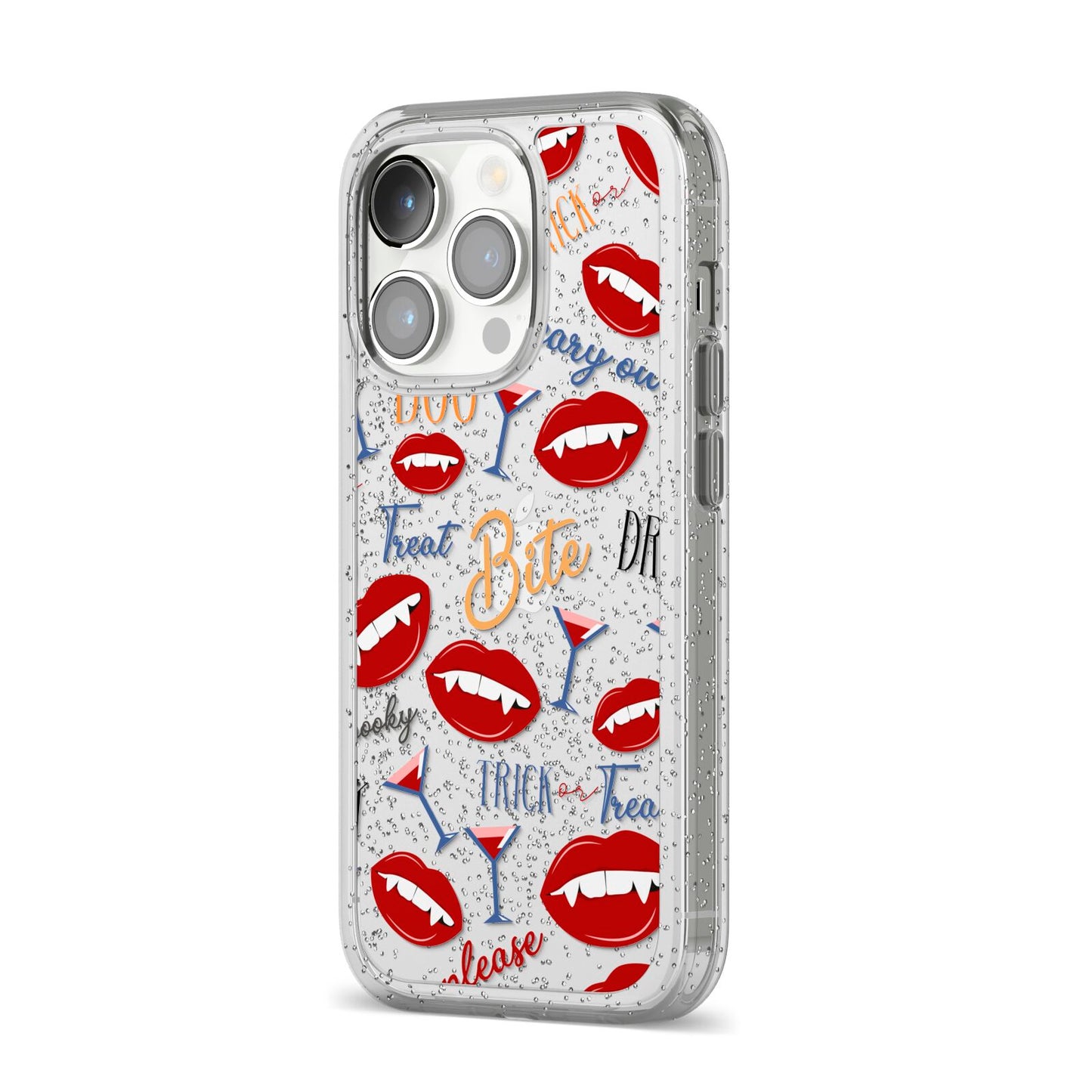 Vampire Illustrations and Catchphrases iPhone 14 Pro Glitter Tough Case Silver Angled Image