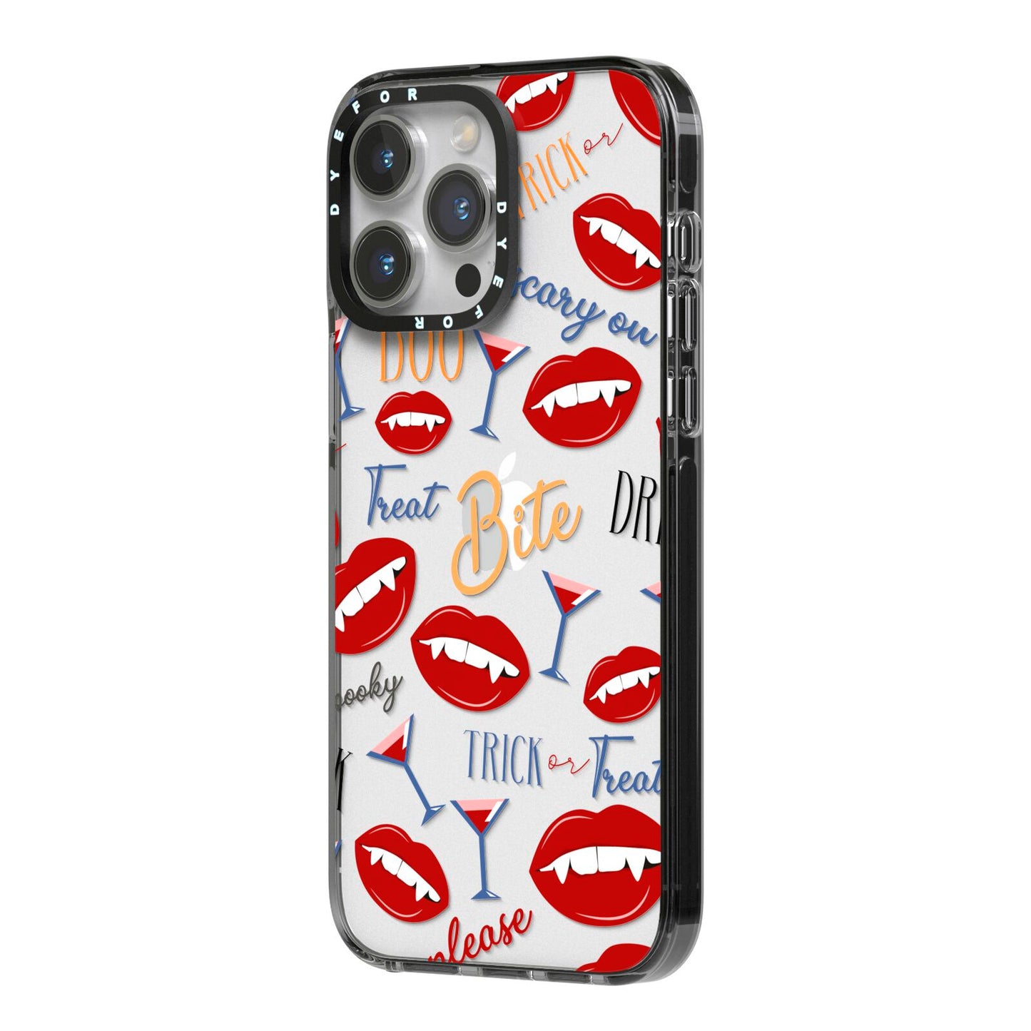 Vampire Illustrations and Catchphrases iPhone 14 Pro Max Black Impact Case Side Angle on Silver phone