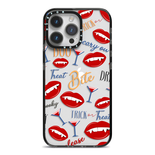 Vampire Illustrations and Catchphrases iPhone 14 Pro Max Black Impact Case on Silver phone