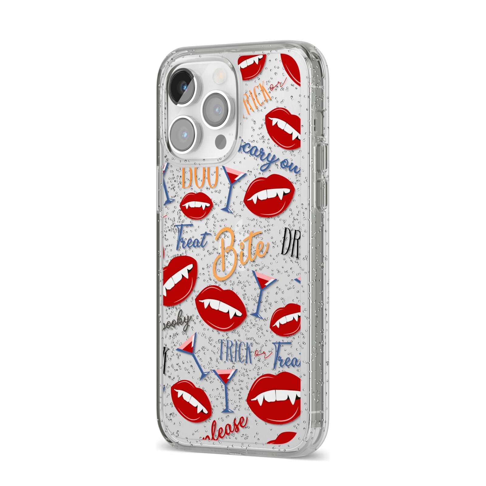 Vampire Illustrations and Catchphrases iPhone 14 Pro Max Glitter Tough Case Silver Angled Image