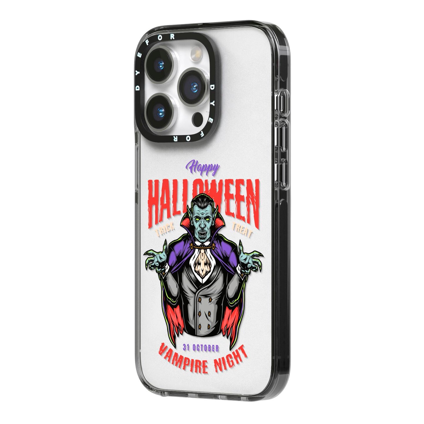 Vampire Night iPhone 14 Pro Black Impact Case Side Angle on Silver phone
